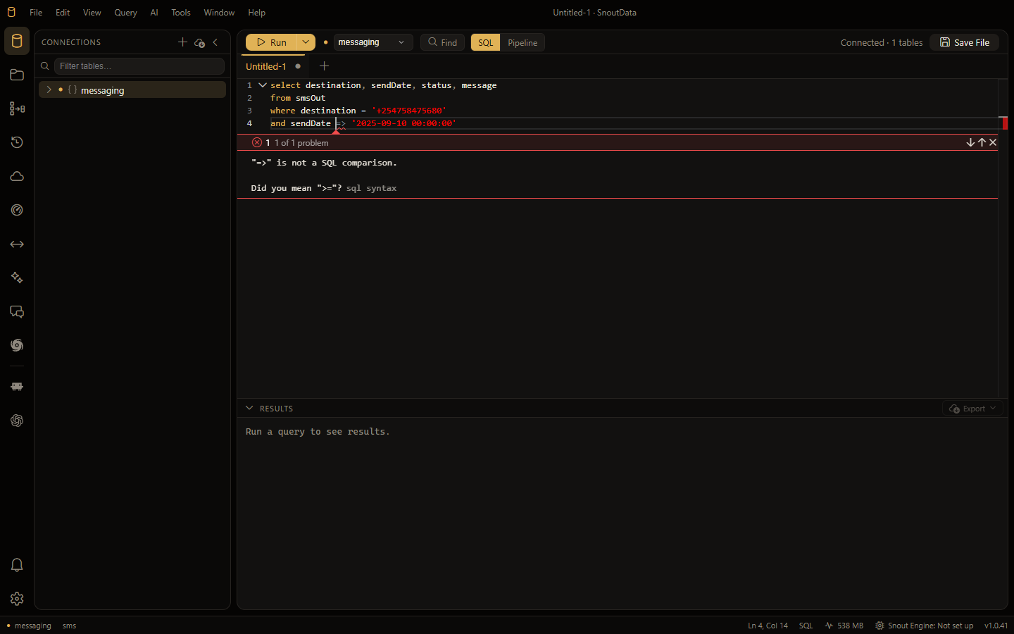 The SnoutData editor underlining => in a MongoDB query, with the message: => is not a SQL comparison. Did you mean >=?