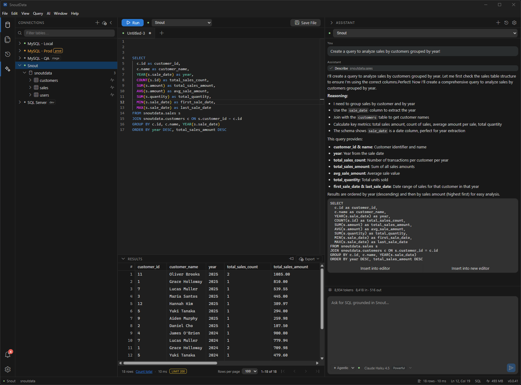 The SnoutData assistant building a multi-table sales report grounded in the real schema