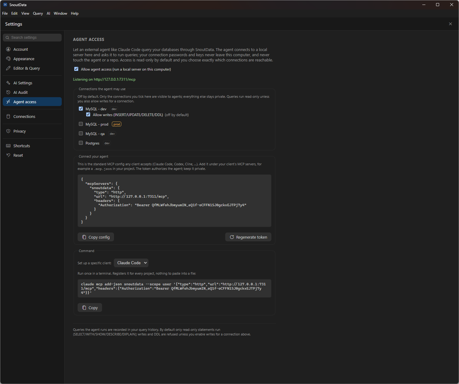 The SnoutData Agent access settings letting an external AI agent query databases over MCP without sharing credentials