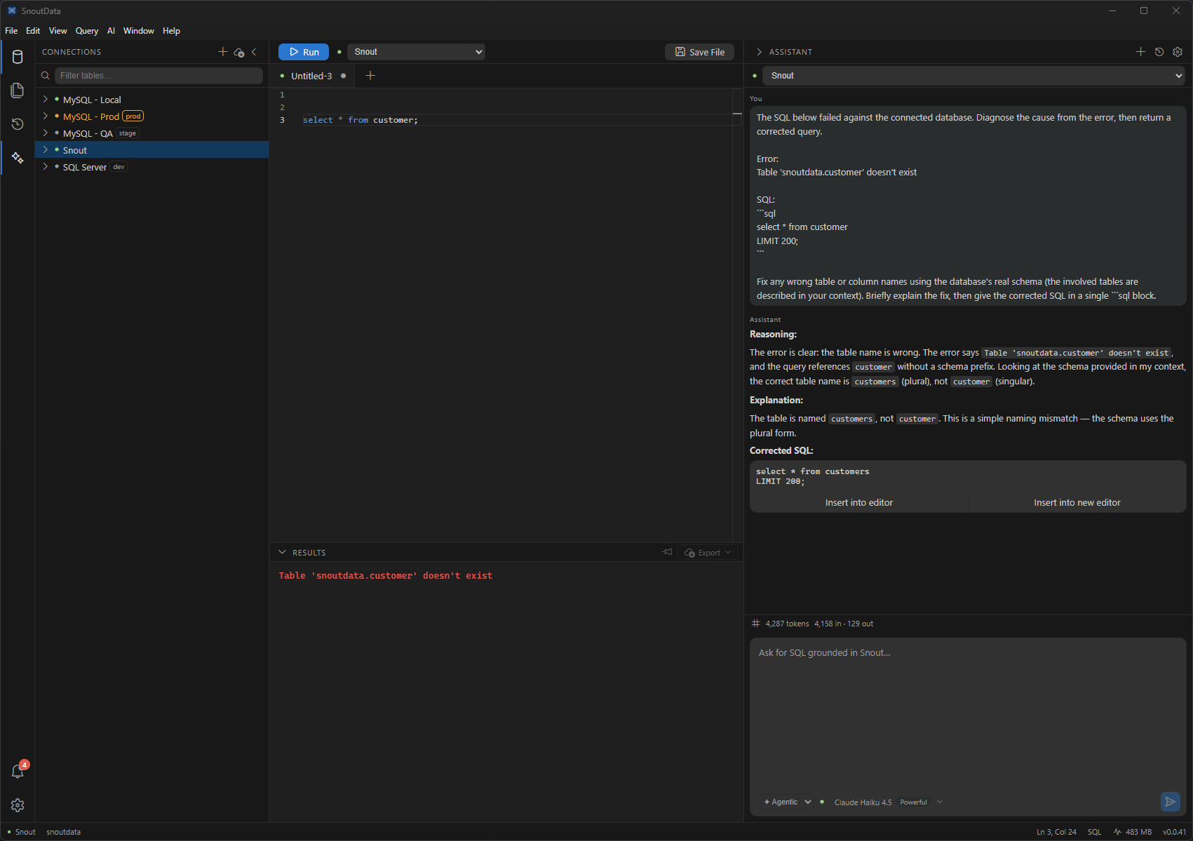 The SnoutData assistant diagnosing and correcting a failed query