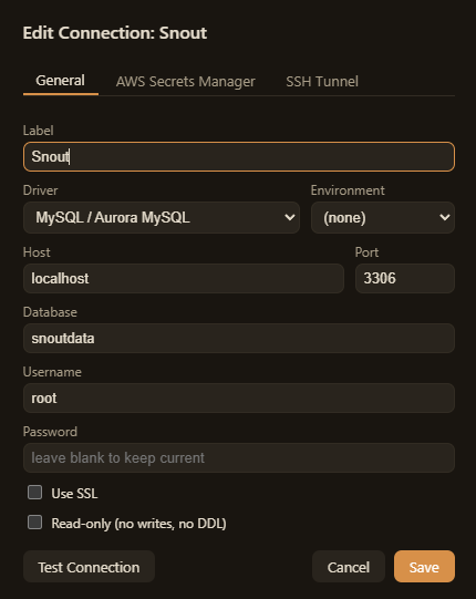The SnoutData connection editor with SSH tunnel and AWS Secrets Manager options