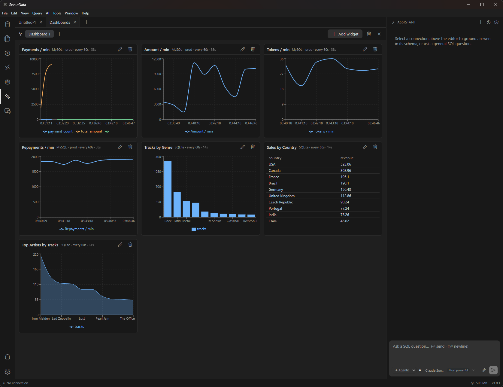 The SnoutData live monitoring dashboard: multiple widgets charting database metrics that refresh on an interval