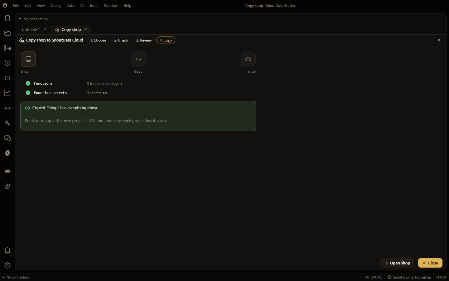 The copy finished: 3 functions deployed and 3 secrets set on the new cloud project shop