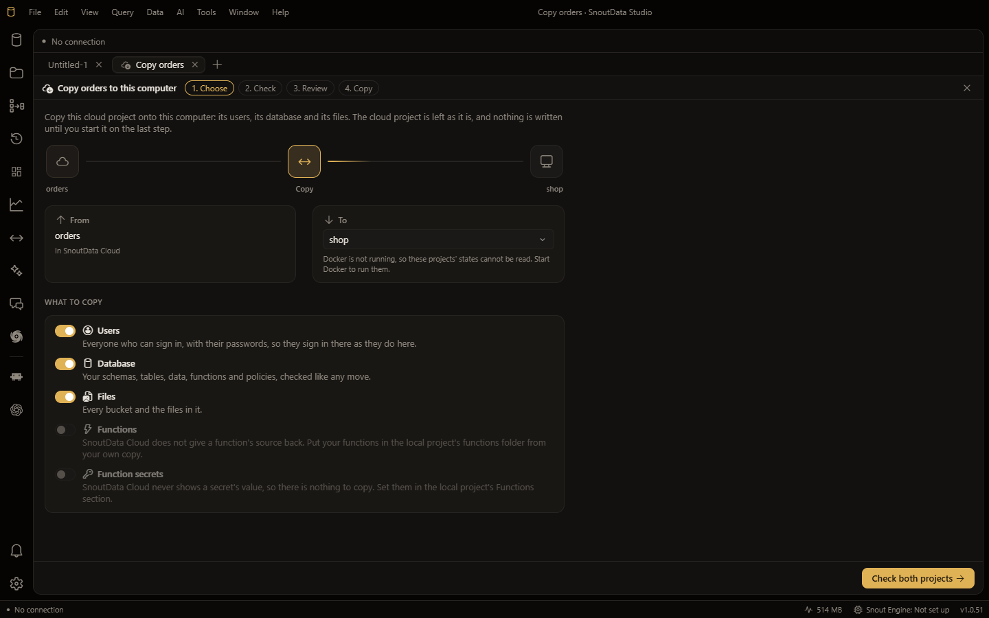Copying the cloud project orders to the local project shop: users, database and files on; functions and function secrets off, each with the reason