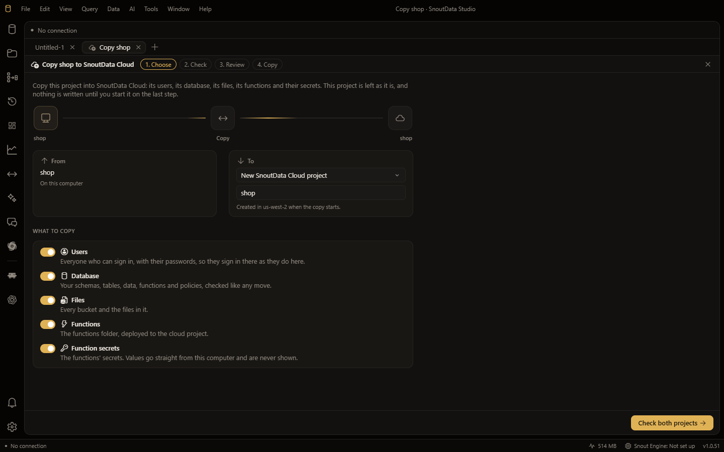 SnoutData Studio copying the local project shop to SnoutData Cloud: a new cloud project called shop as the target, and five switches for users, database, files, functions and function secrets